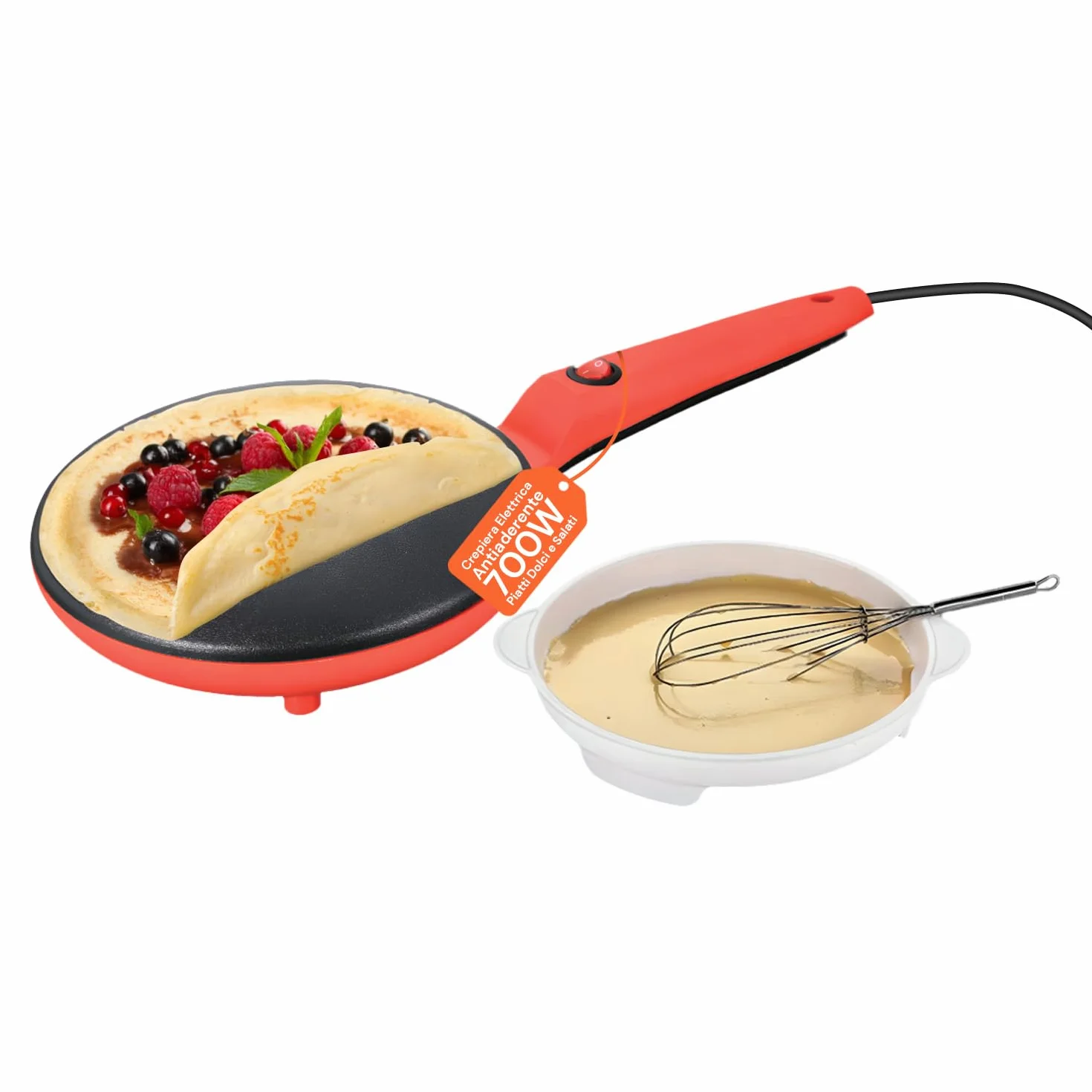 Crepiera Elettrica ad Immersione 600W Wintem Set Completo Ciotola Frusta Piastra Antiaderente Ø 20 cm Rossa