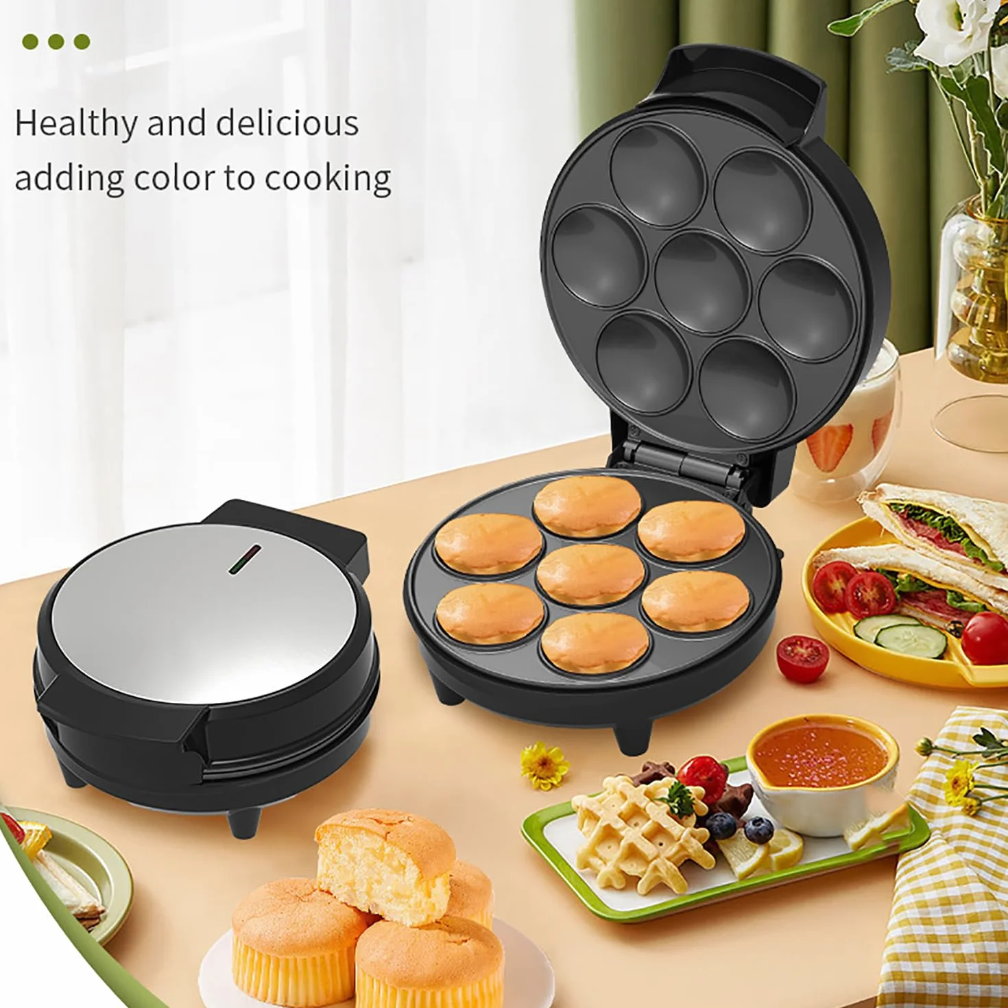 Macchina per cupcake elettrica 1000 W, rivestimento antiaderente, riscaldamento su entrambi i lati per 7 cupcake