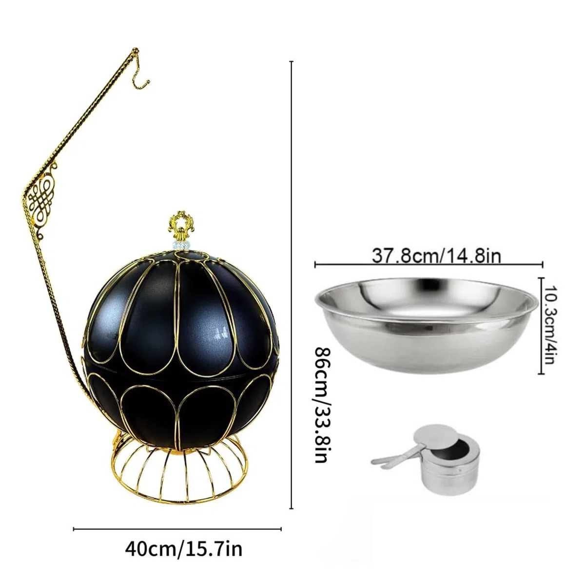 Scaldavivande Rotondi da 8 Litri for Buffet Cucina a Buffet | Con coperchio sospeso e linee dorate scintillanti, espositore for buffet di forniture for catering(Black)