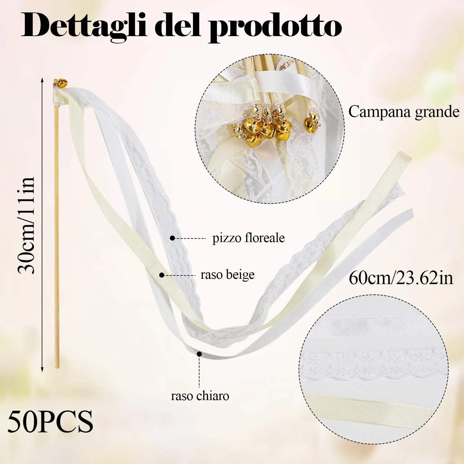 Bacchette Matrimonio con Grandi Campane,Bacchette da Sposa,Riutilizzabile Wedding Wands,Bacchette Nuziali per Decorazioni di Nozze Compleanno Feste (50 Pcs Beige)
