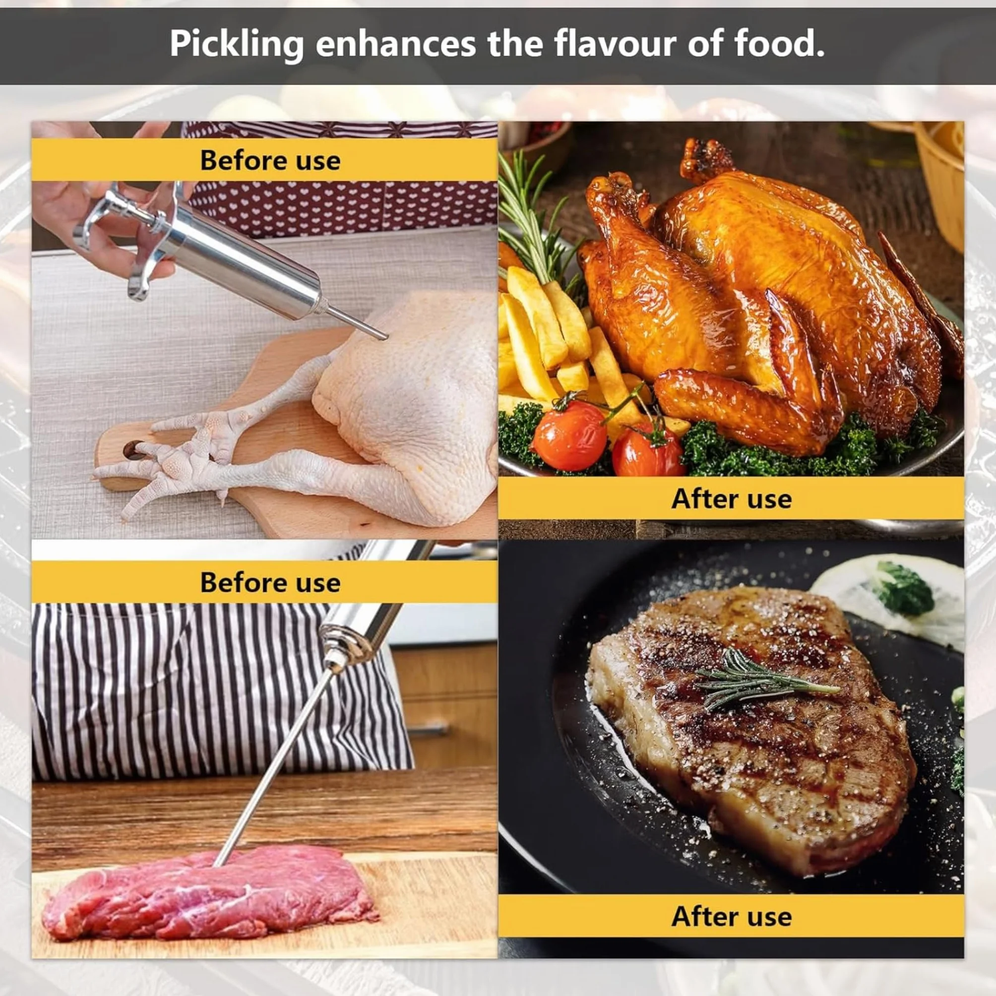 Iniettore per carne in acciaio inox 60 ml con 3 aghi siringa per marinata barbecue