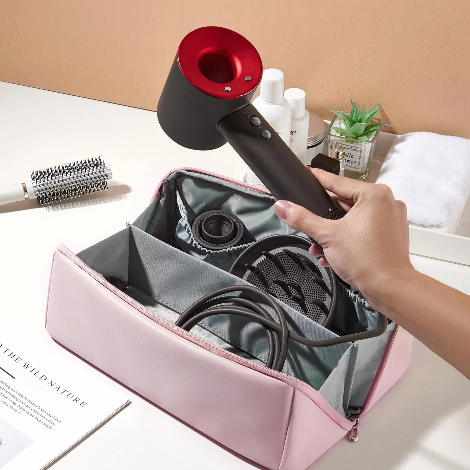 Veki Borsa da Viaggio Portatile in Pelle PU Compatibile con Dyson Airwrap Styler e Shark, Borsa Impermeabile per Asciugacapelli, Custodia da Viaggio per Dyson Supersonic Capelli e Accessori (Rosa)