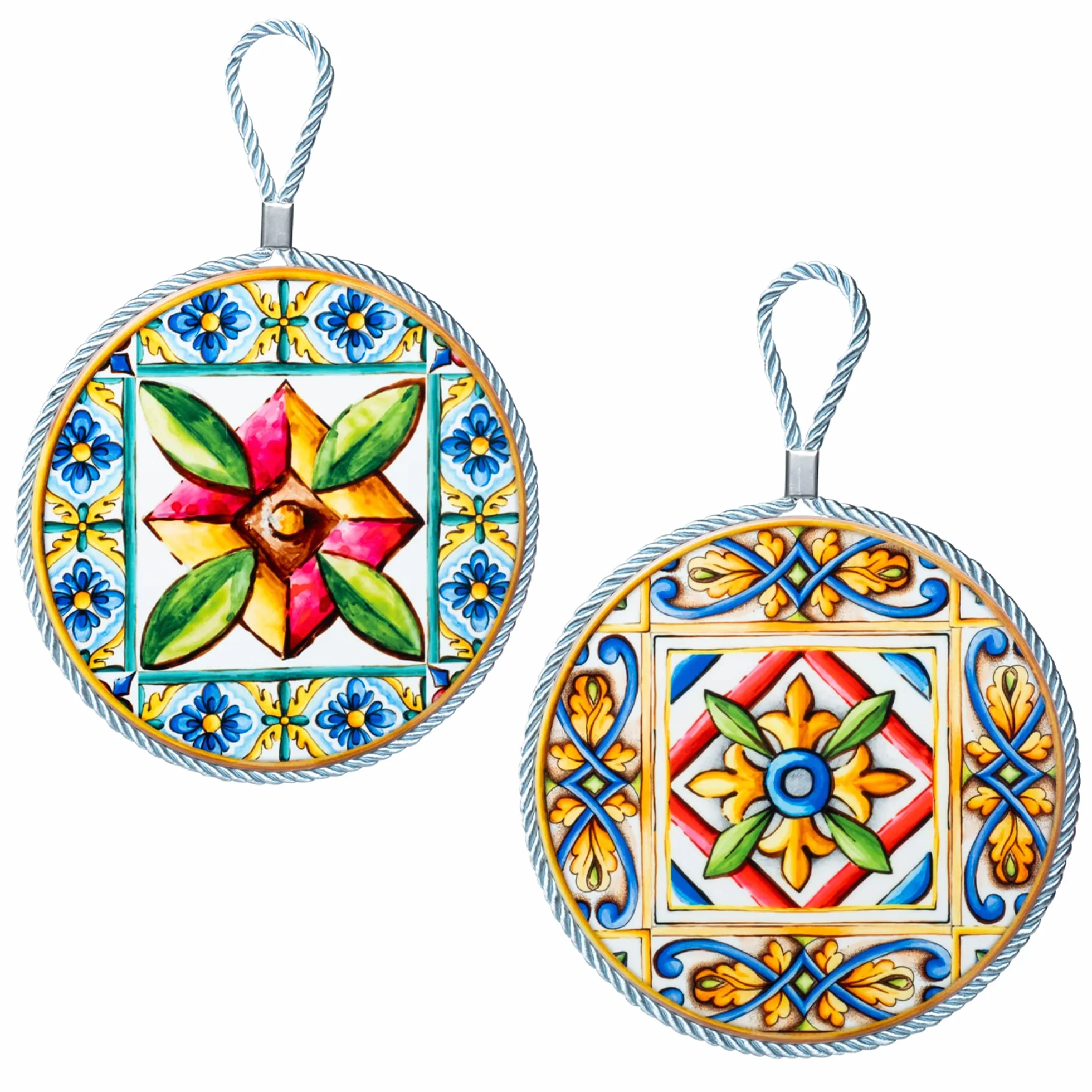 Moorg Piatto Ceramica Decorato da Appendere Set da 2, 16x16 cm, Piastrelle Siciliane Maiolica, Sughero