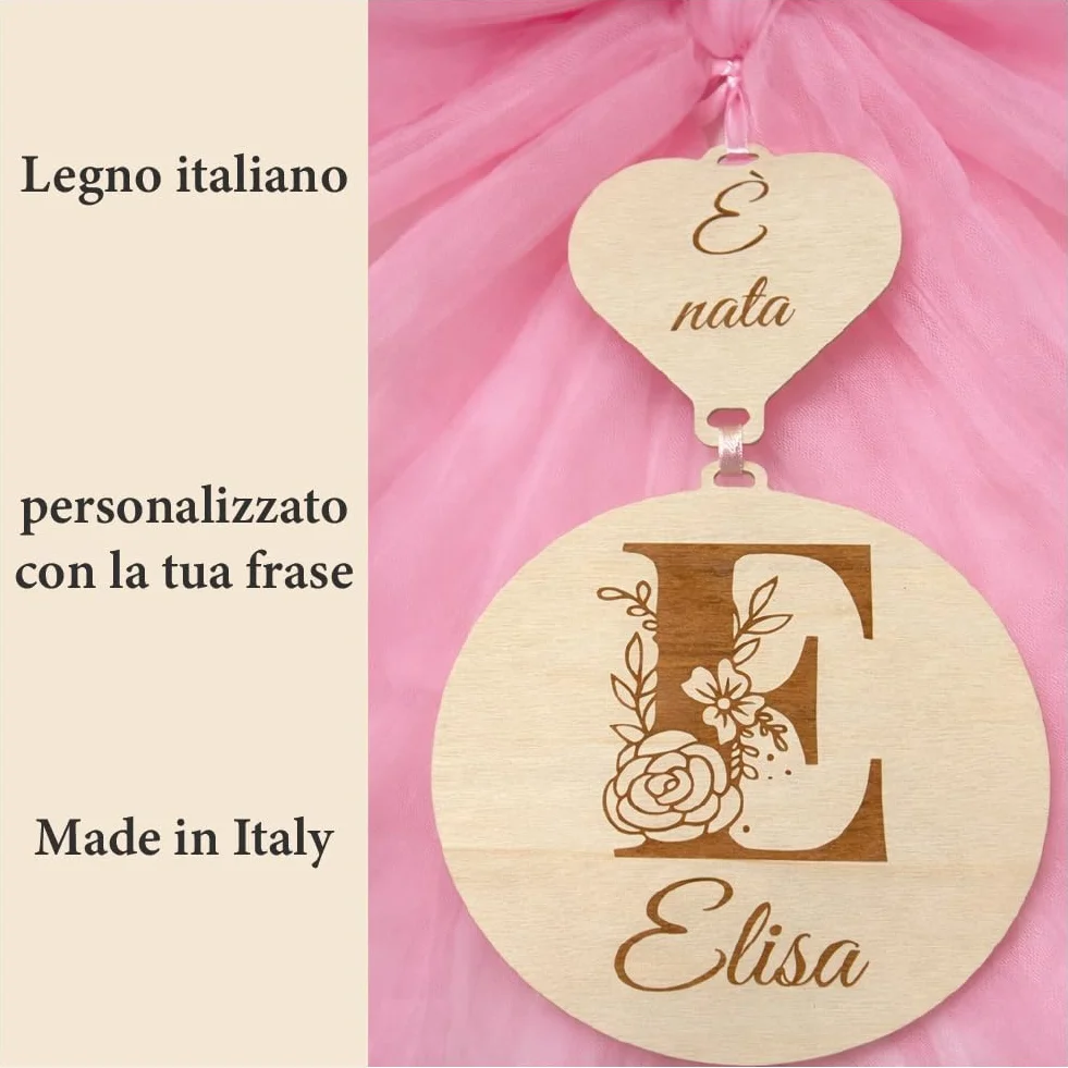 Fiocco Nascita Personalizzato con Nome inciso su Legno – Made in Italy – Fiocco Porta Ospedale