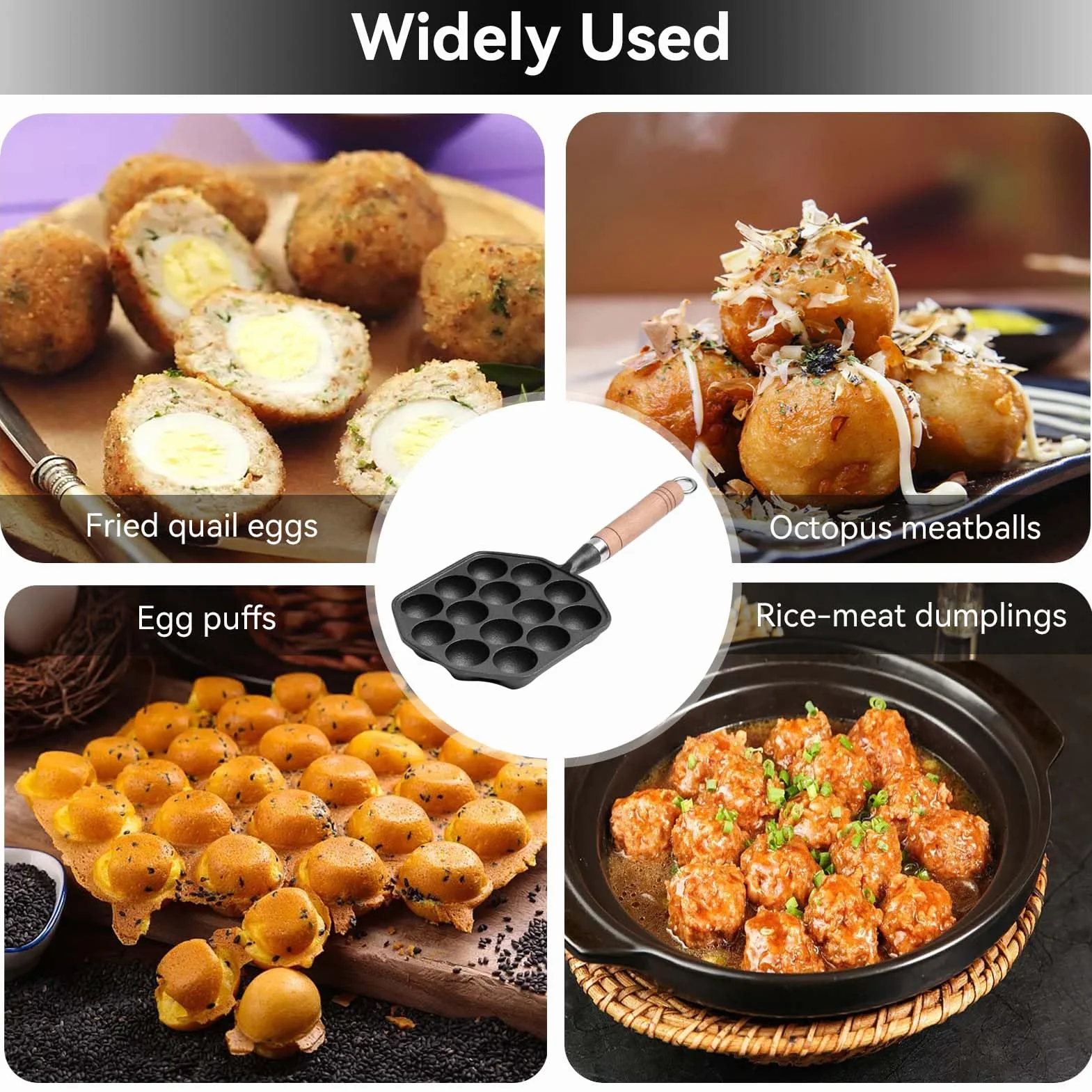 Takoyaki Maker 14 Fori Grill Pan Aebleskiver Padella Antiaderente Manico Legno