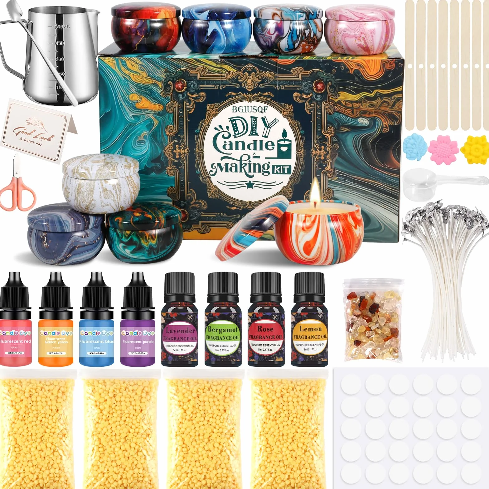 Kit Candele Fai Da Te, Set per Realizzare Candele con 8 Barattoli, Cera D'api, Crogiolo, 30 Stoppini