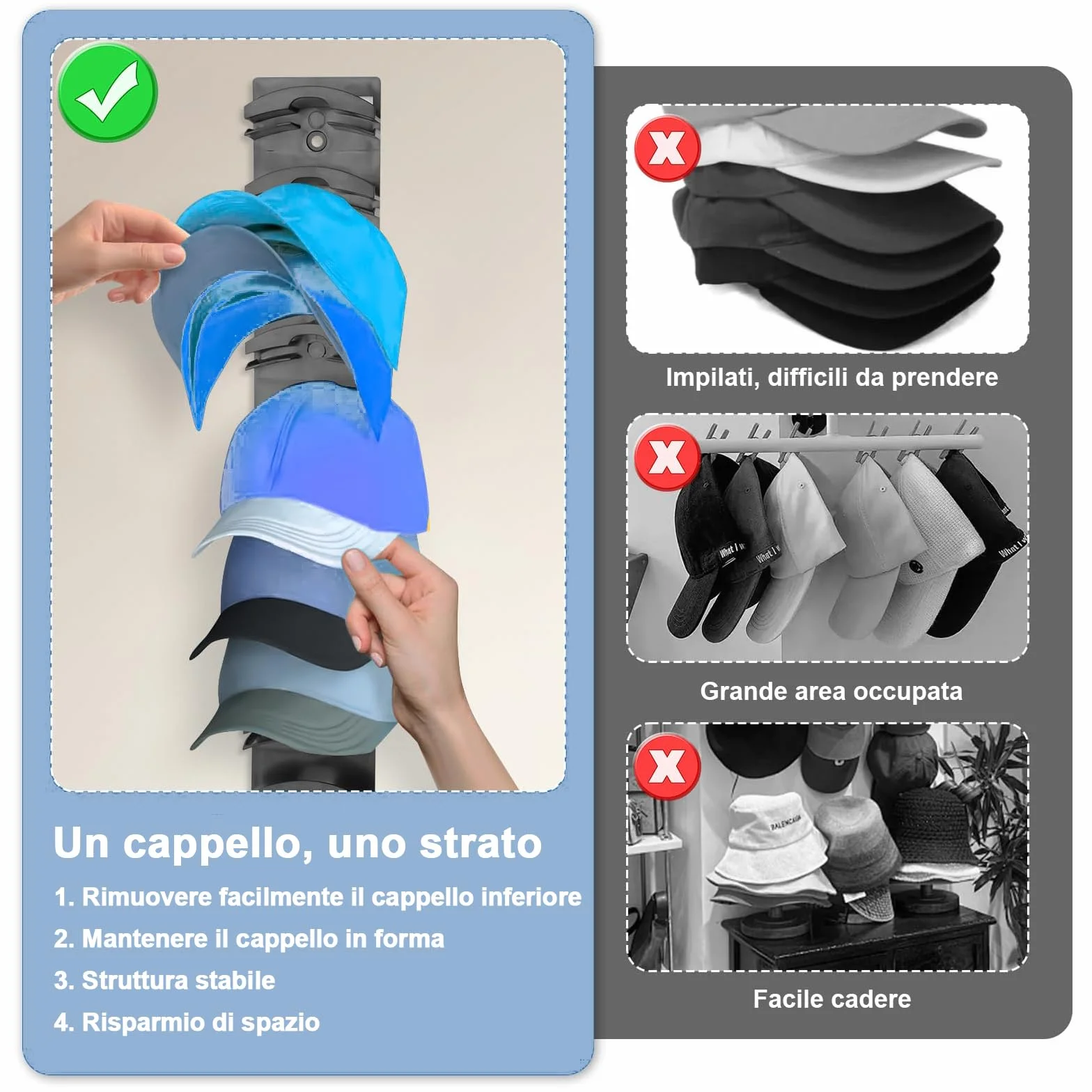 Set da 2 Portacappelli Adesivo per Parete & Porta, Organizzatore per Cappellini da Baseball Capienza 20 Cappelli - Scaffale senza Fori con Cordino Regolabile per Guardaroba