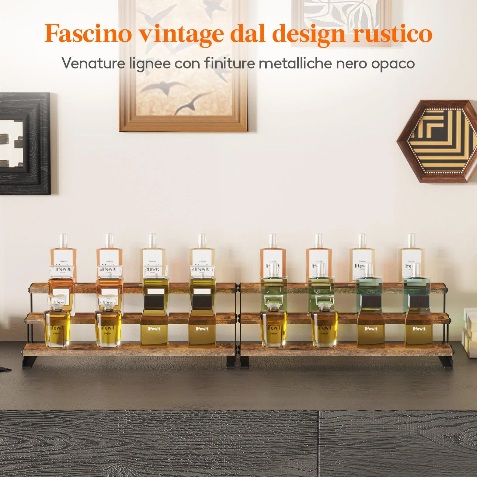 Lifewit Porta Profumi in Legno, Espositore Profumi con Supporto in Metallo, Espositori a Scaletta per Bagno, Camera, Salotto, Marrone Rustico, 4 Livelli, 1 Confezione, 35 cm