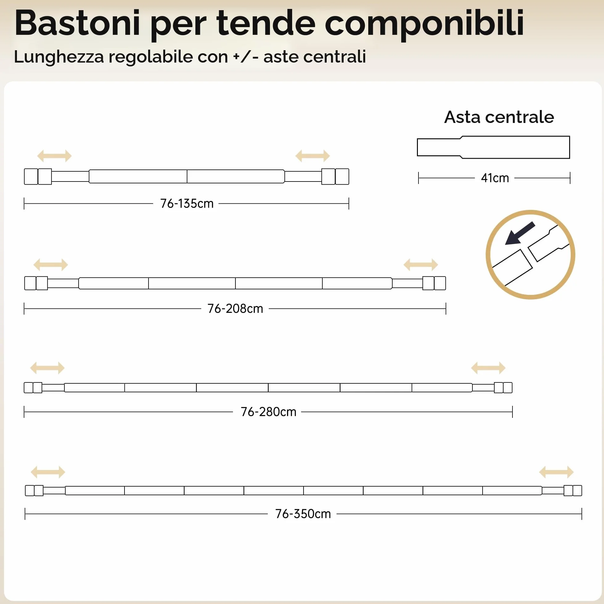 Bastoni per tende allungabili 76-135 cm diametro 19 mm regolabili con venature del legno terminali per tende con occhielli