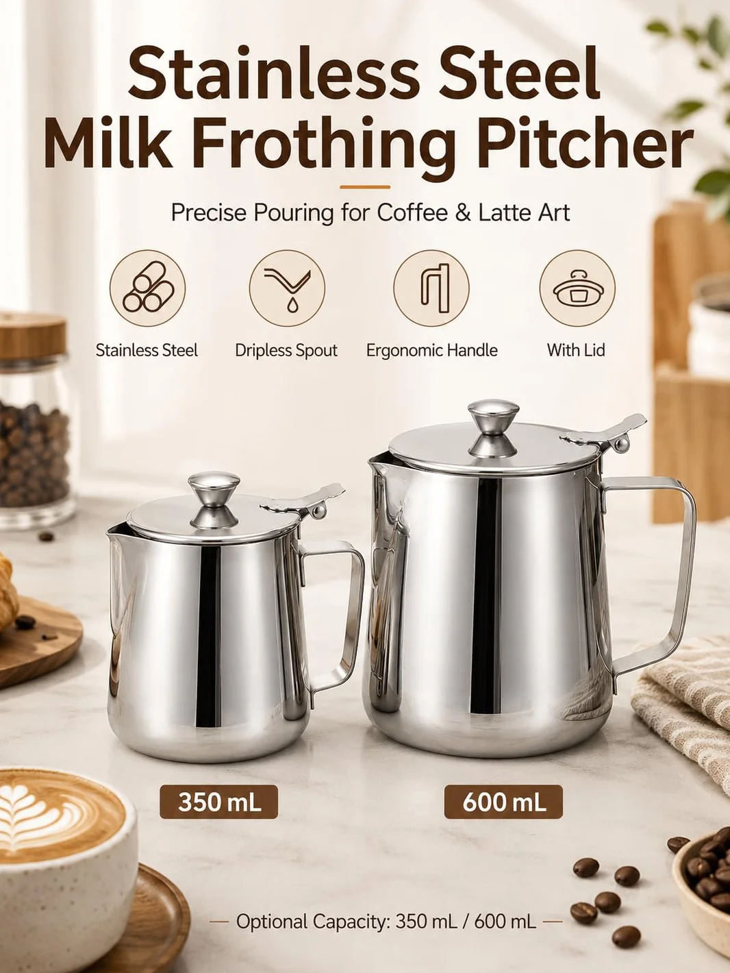 VOBOR Pentolino Latte In Acciaio Inossidabile, Brocca Per Tazza Da Caffè Con Coperchio Per Schiuma Di Latte Art (350 Ml)