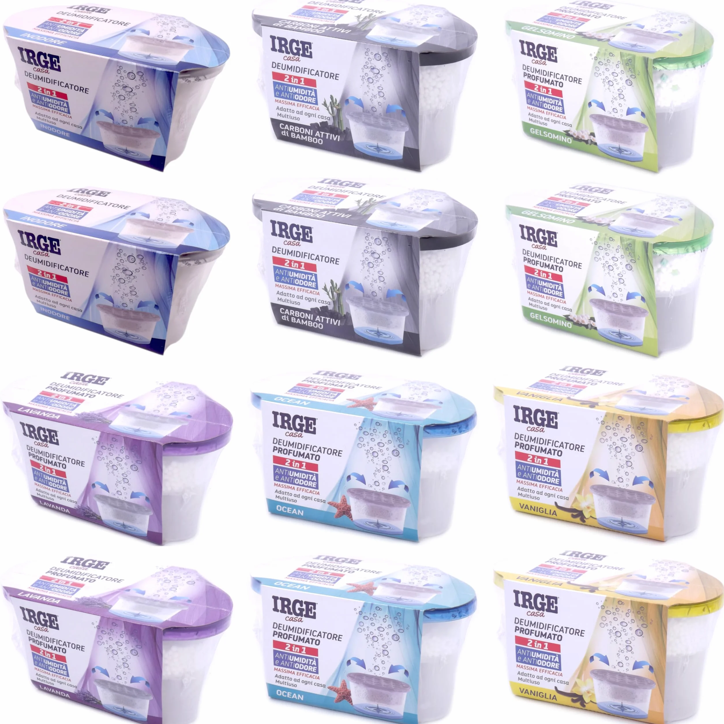 SET 12 vaschette 400ml assorbi umidità INODORE CARBONI GELSOMINO LAVANDA OCEAN VANIGLIA anti odore muffa deumidificatore sali per bagno cucina camper caravan roulotte ripostiglio dispensa armadio
