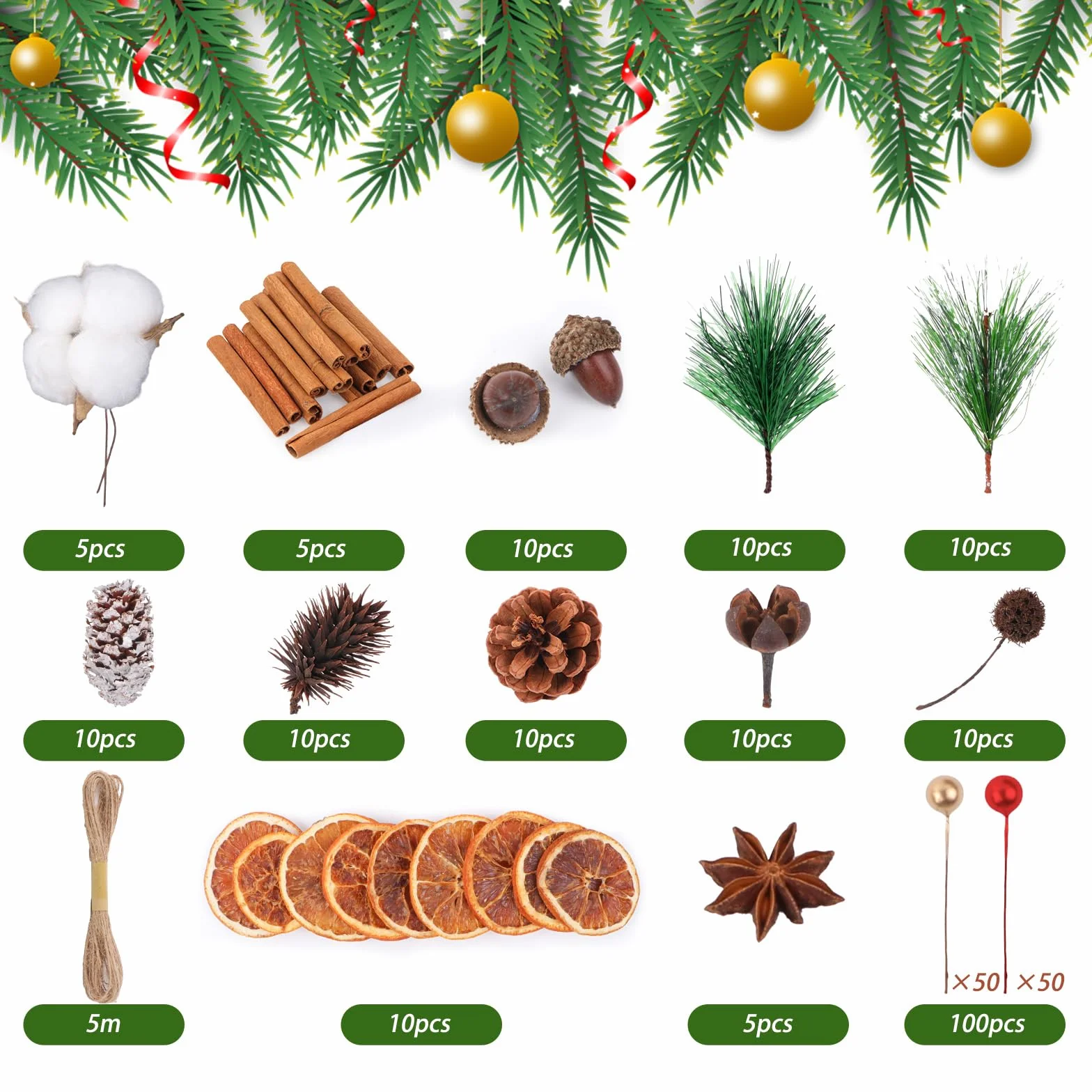 Set di 170 pezzi per corona di Natale - Accessori per corona dell'Avvento con cotone, fette di arancia essiccate, bastoncini di cannella, anice stellato, noci, pigne, bacche, rami di abete