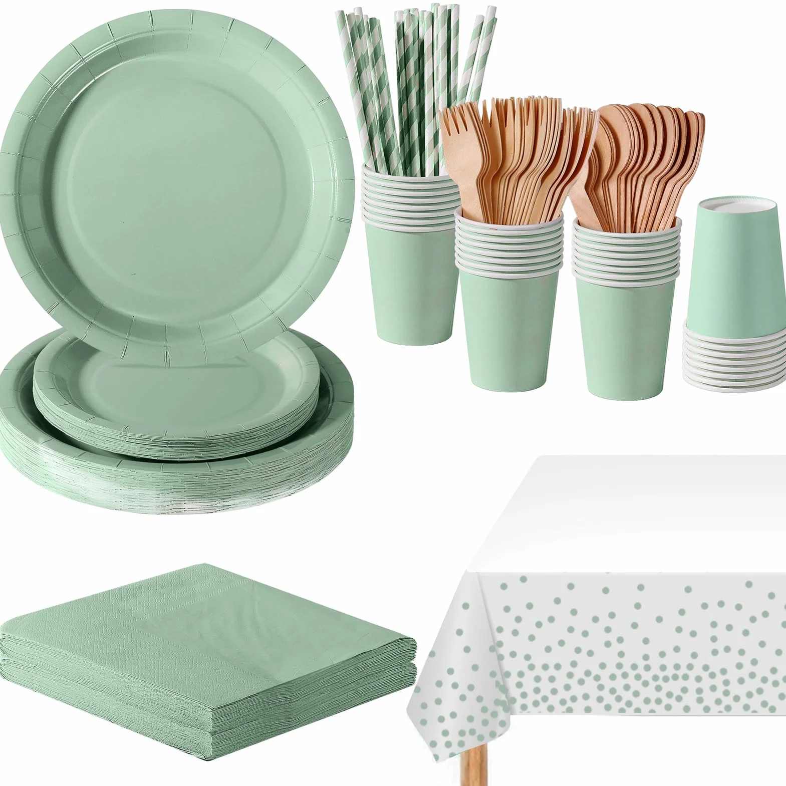 Stoviglie per Feste 169 Pezzi Verde Salvia Set Include Piatti Tazze Tovaglioli - 24 Ospiti