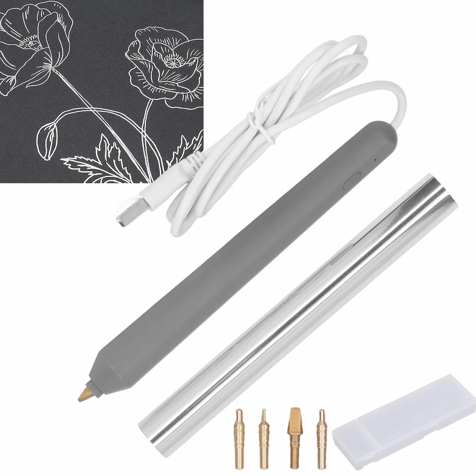 Usb Hot Foil Pen, Riscaldamento Elettronico Hot Melt Foil Stamping Penna Goffratura Con 4X Pen Tip + 1X Foil, Foil Quill Starter Kit, per Scrapbooking Artigianale, Gift & Card Making(Argento)