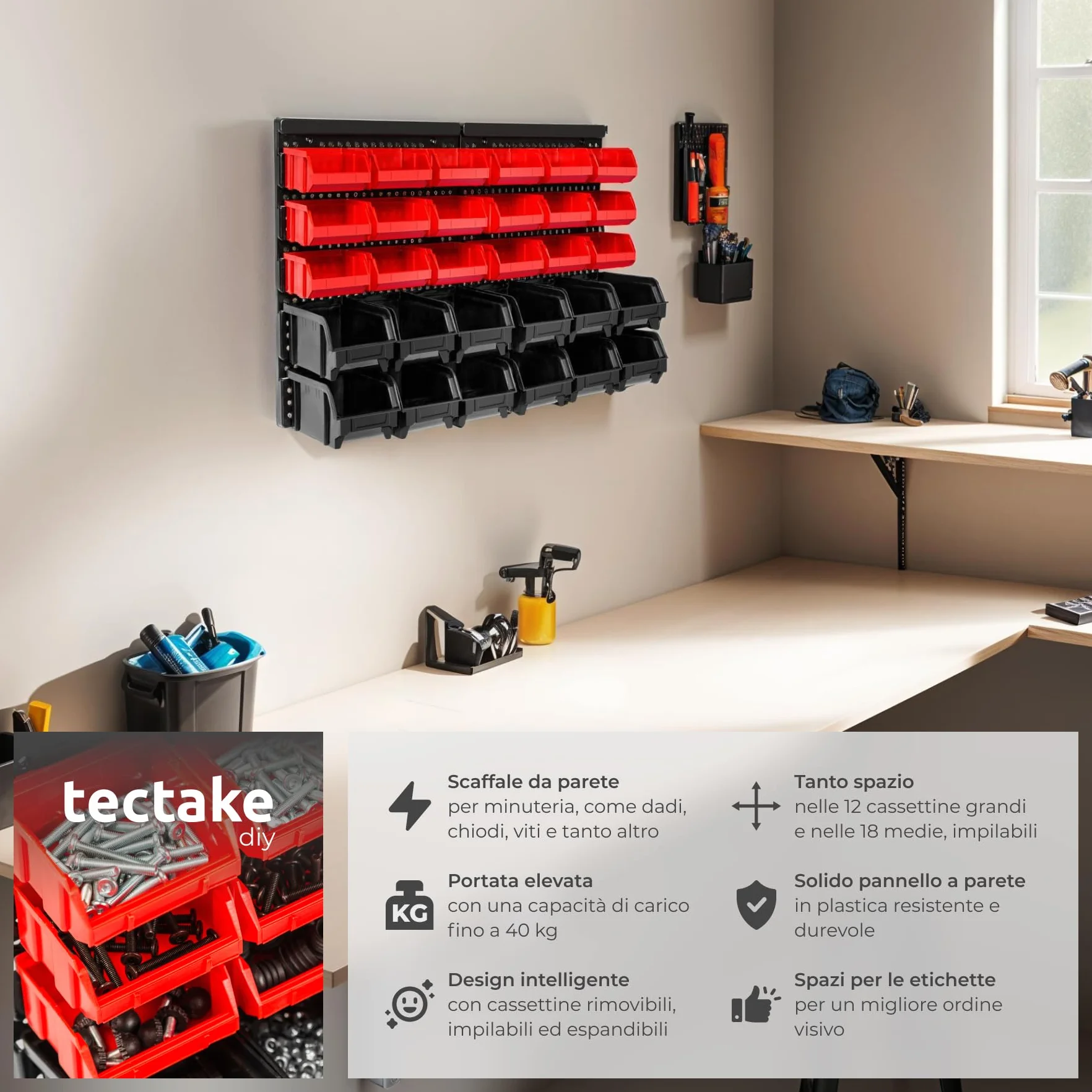 tectake Portaminuteria Scaffale da Parete 30 Cassetti Impilabili 64x38x17,5 cm Cassettiera Officina