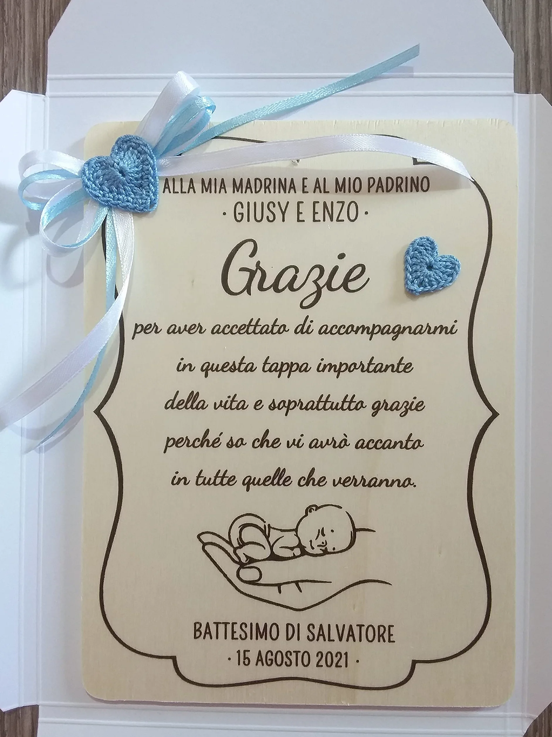 Targa targhetta ricordo per madrina padrino battesimo cresima idea regalo personalizzata nome e data con scatola regalo