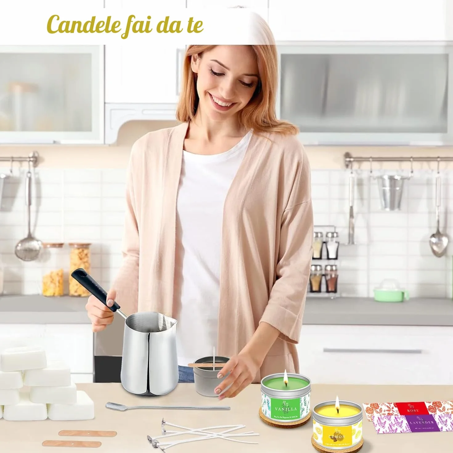Kit Candele fai da te, Cera di soia, Oli Profumati, Stoppini, Crogiolo, Scatole, Colorante