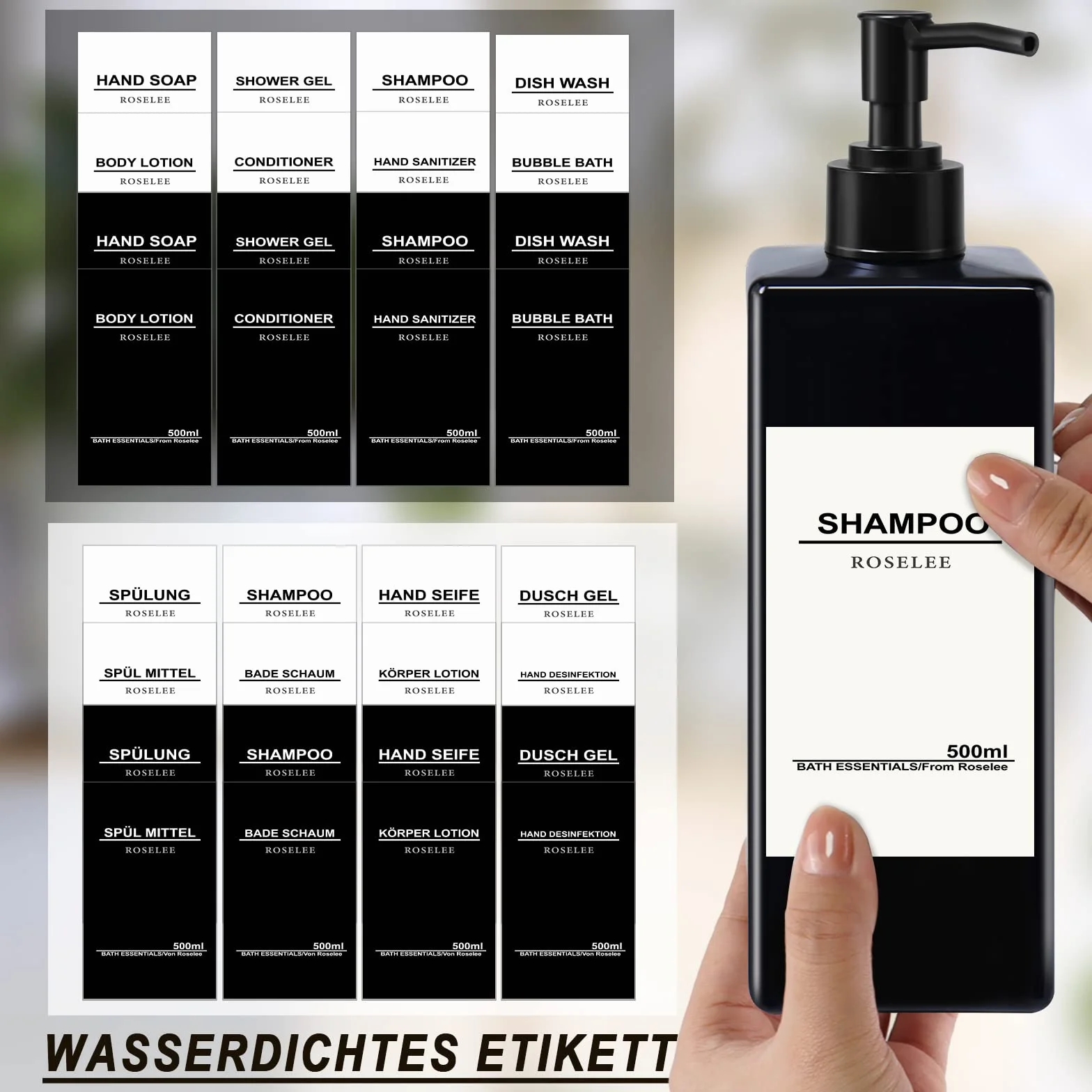 Roselee 3 Pezzi Dispenser Sapone Doccia da Muro, Dispenser Sapone Bagno Senza Foratura, 500ml Dispenser Doccia Shampoo e Bagnoschiuma con Etichetta per Bagno, Cucina