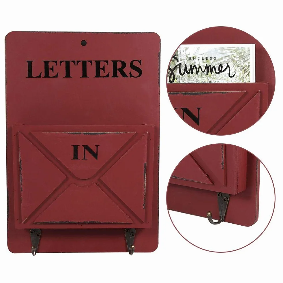 Decorazione Domestica Creativa di stoccaggio della Parete del Portachiavi dello scaffale di Lettere della Cassetta Postale di Legno con Il Gancio(Rosso)