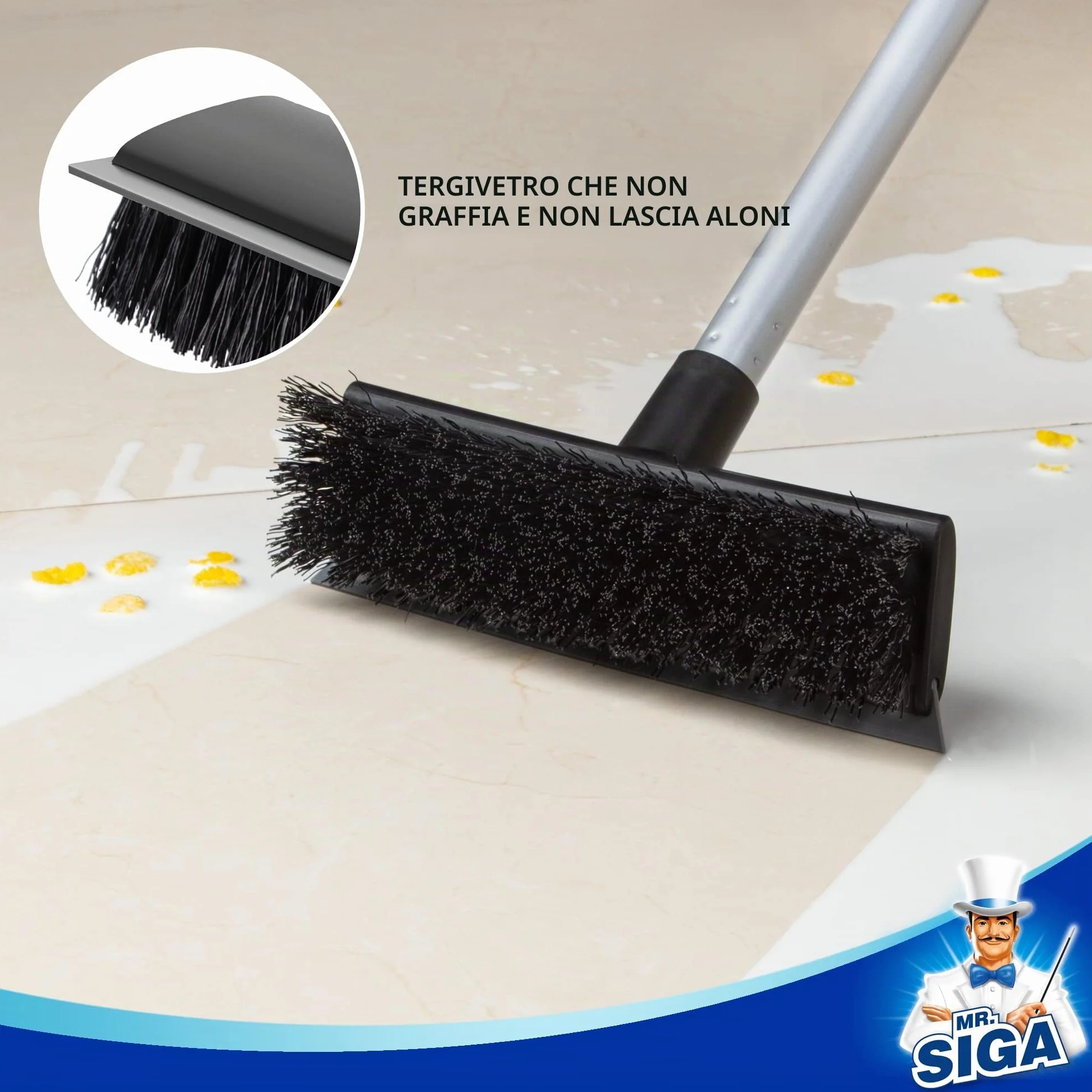 MR.SIGA lavapavimenti con manico lungo, spazzola 2 in 1 con tergipavimento ad acqua per la pulizia di piastrelle, terrazze, bagni, piscine e terrazze, lavapiastrelle con setole rigide