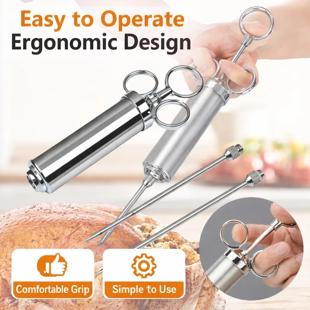 Iniettore per carne in acciaio inox 60 ml con 3 aghi siringa per marinata barbecue