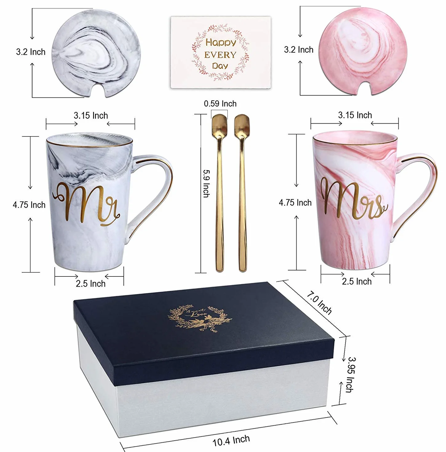 Coppia Tazze Caffè Mr e Mrs Ceramica Marmo 400ml con Cucchiai Coperchi Biglietto Scatola Regalo Elegan