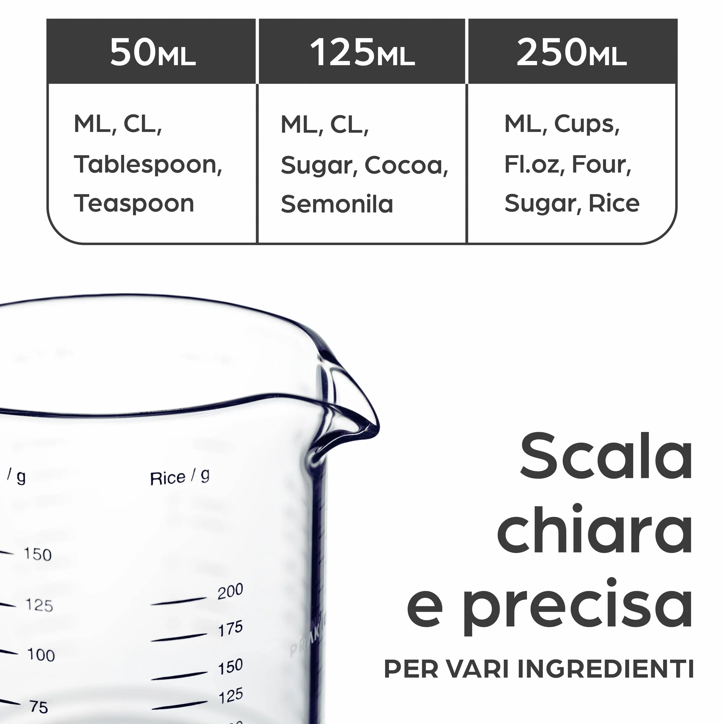 Praknu Brocca Graduata in Vetro - 50ml, 125ml, 250ml - Scala Precisa - Impilabile - Resistente al Calore e al Microonde.