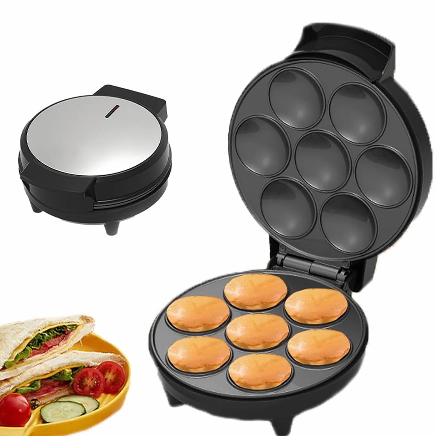 Macchina per cupcake elettrica 1000 W, rivestimento antiaderente, riscaldamento su entrambi i lati per 7 cupcake