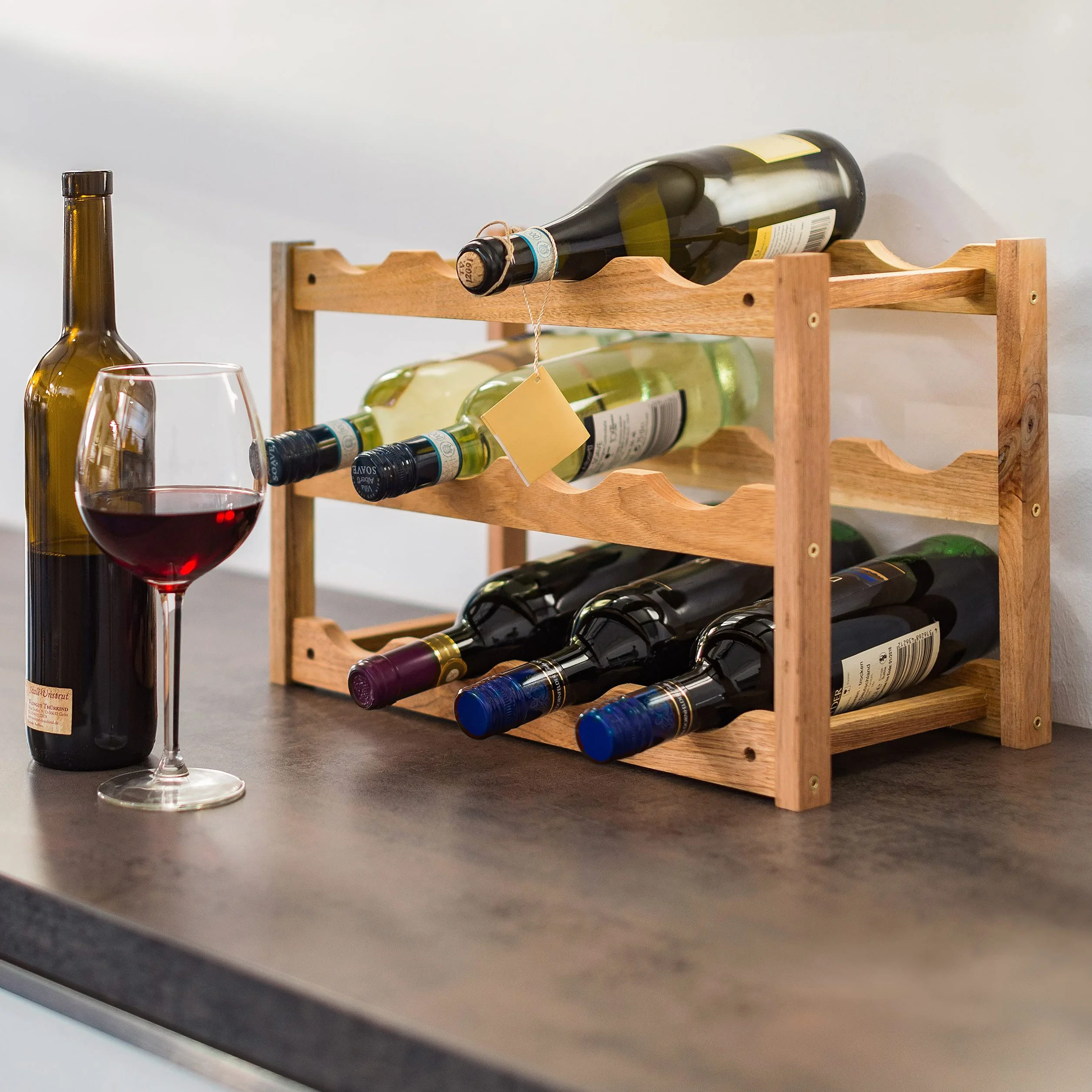Relaxdays Portabottiglie Vino Legno Noce 3 Ripiani 12 Bottiglie 42x21x28 cm