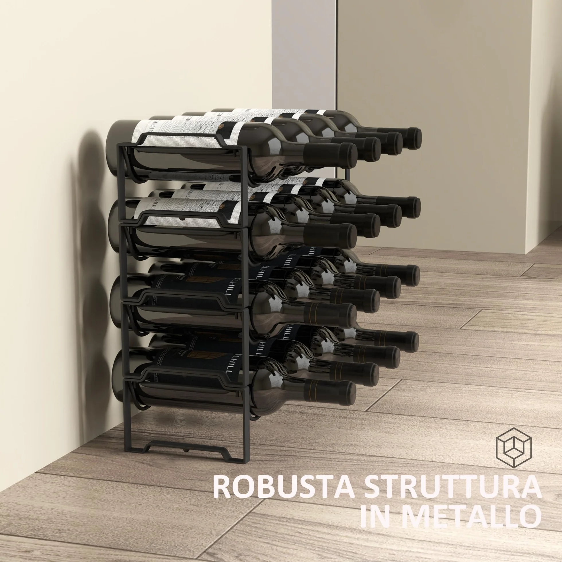 HOMCOM Portabottiglie Vino 4 Livelli Impilabili 16 Bottiglie Metallo 42.5x16.5x41 cm Nero