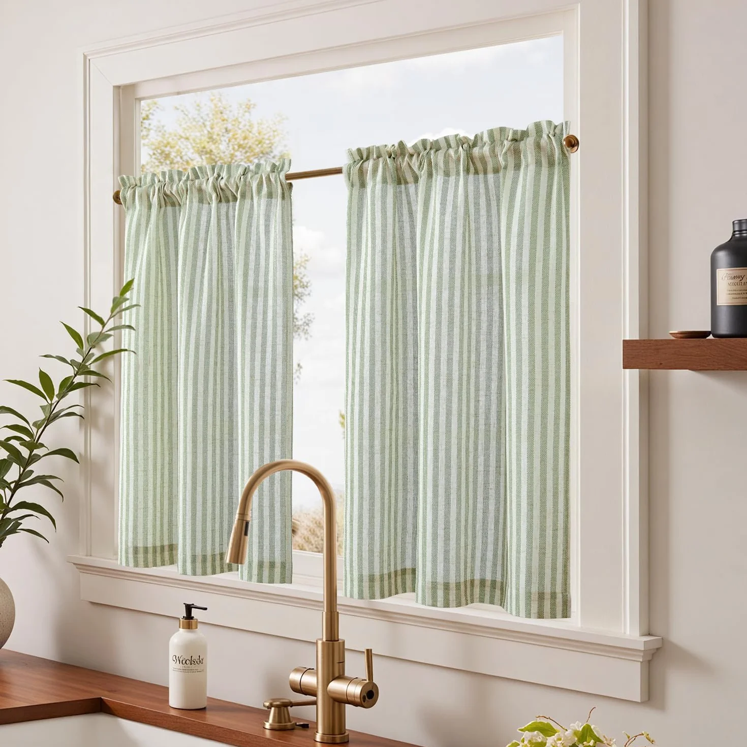 TOPICK Tende a righe in lino con strisce, opache, per cucina, sala da pranzo, bagno, piccola finestra, 65 x 60 cm, verde su beige
