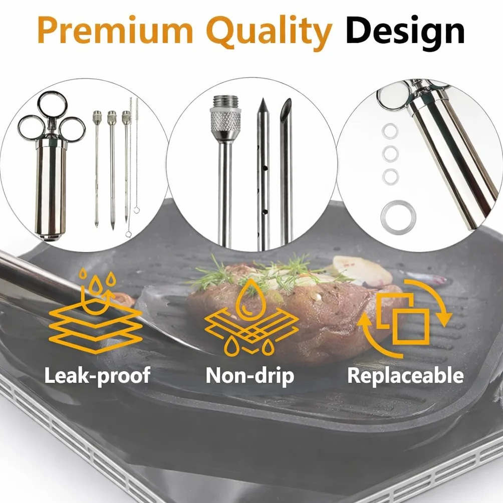 Iniettore per carne in acciaio inox 60 ml con 3 aghi siringa per marinata barbecue