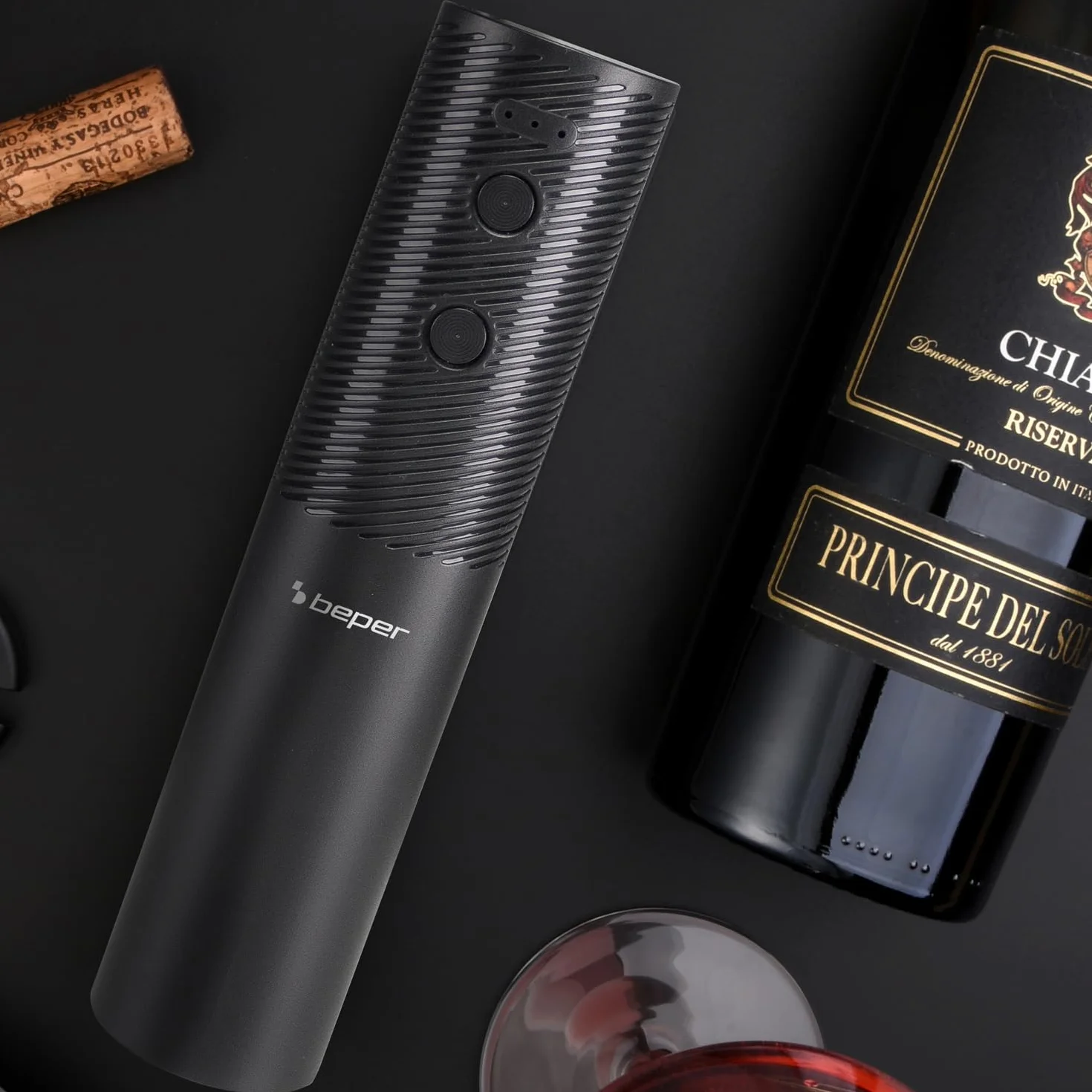 BEPER P102ACP103 Cavatappi Elettrico Ricaricabile USB, Apribottiglie Vino, Taglia Capsule