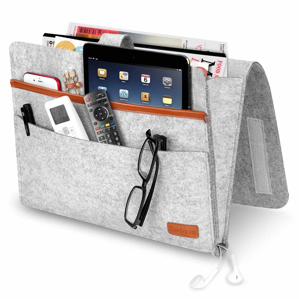 SIMBOOM Organizer per Letto 4 Tasche Portaoggetti Borsa in Feltro Comodino Grigio Chiaro