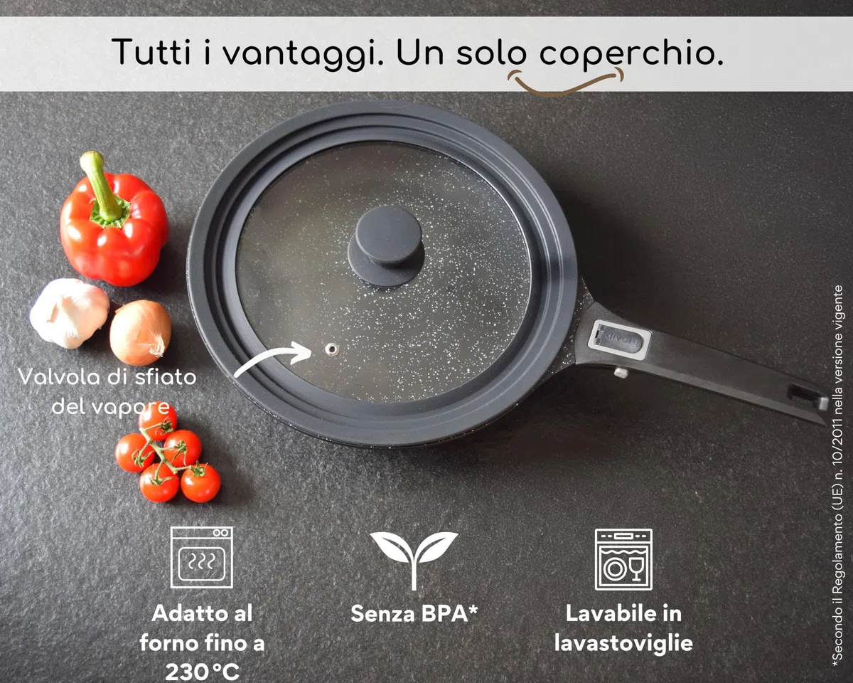 DIVORY Coperchi universali Ø28, 30 e 32 coperchi in Vetro con Bordo in Silicone a gradini per pentole e padelle, valvola di Rilascio del Vapore