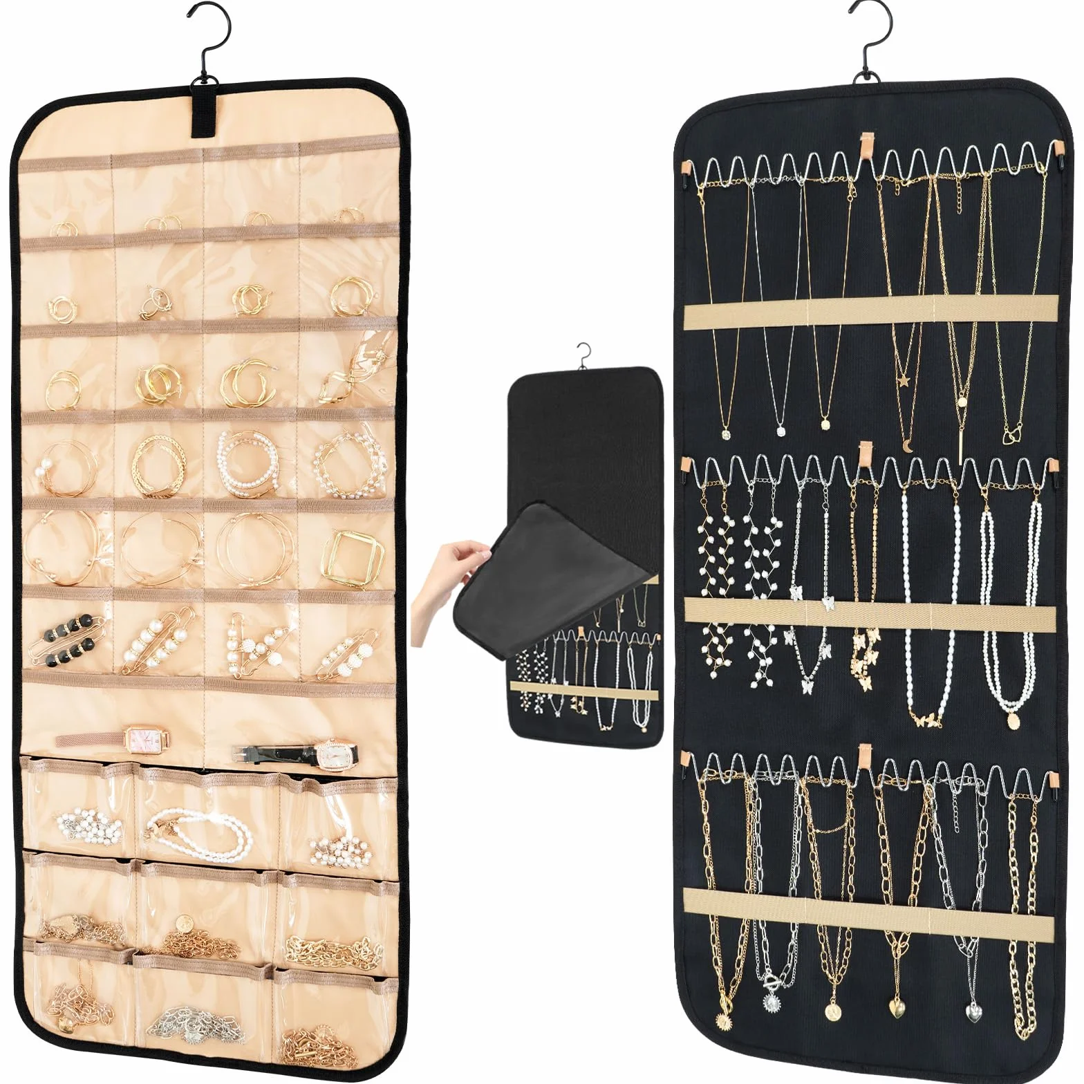 Oudizz Hanging Jewelry Organizer per Armadio - Collana Earring Holder con Coperchio Antipolvere e Gancio Rotante in Metallo - Jewelry Storage Display Stand, Grande, Nero