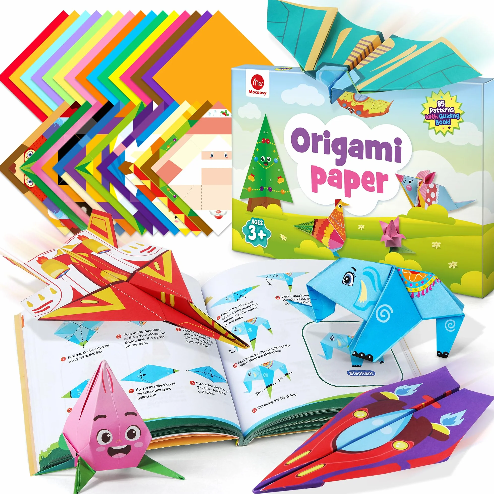 Mocoosy Kit Origami 320 fogli per bambini 5-12 anni, set aerei di carta pieghevole colorata con libro