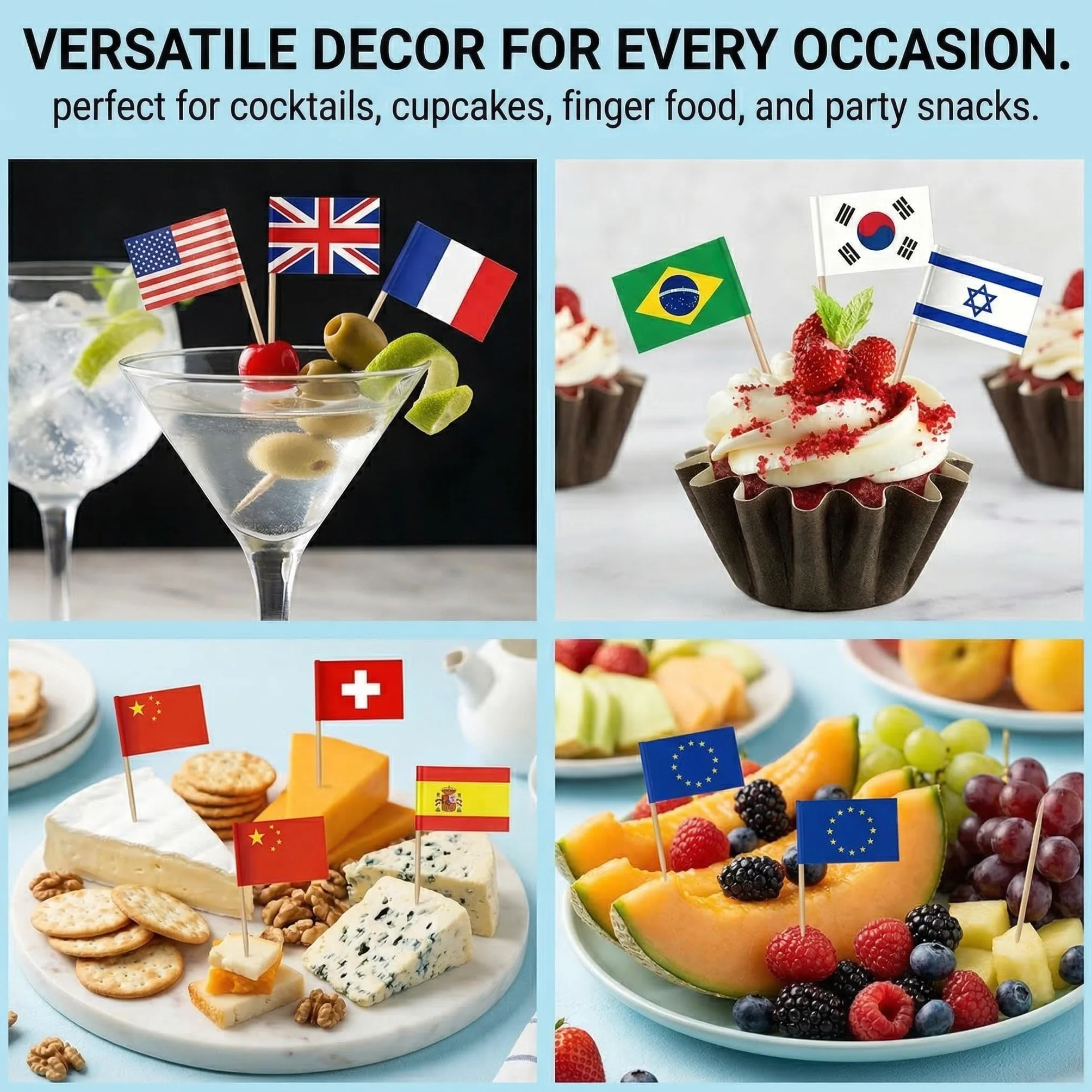 100 Stuzzicadenti con Bandierine del Mondo, Stecchini in Legno e Bandierine di Carta 2,5x3,5 cm, Decorazione per Cocktail, Cupcake, Europei, Mondiali e Feste di Calcio