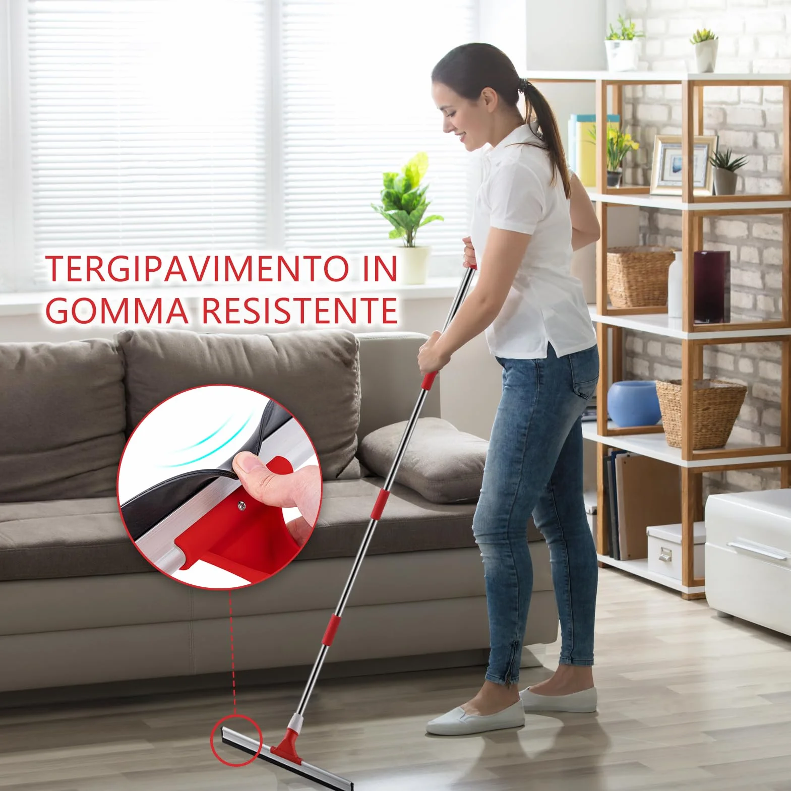 Mitclear 43cm Tergipavimento Pavimenti con Manico di Prolunga(147cm), Tergipavimenti in gomma per impieghi gravosi, Tergipavimento Spingiacqua con Spazzola per Garage, Doccia, Bagno, Patio, Giardino