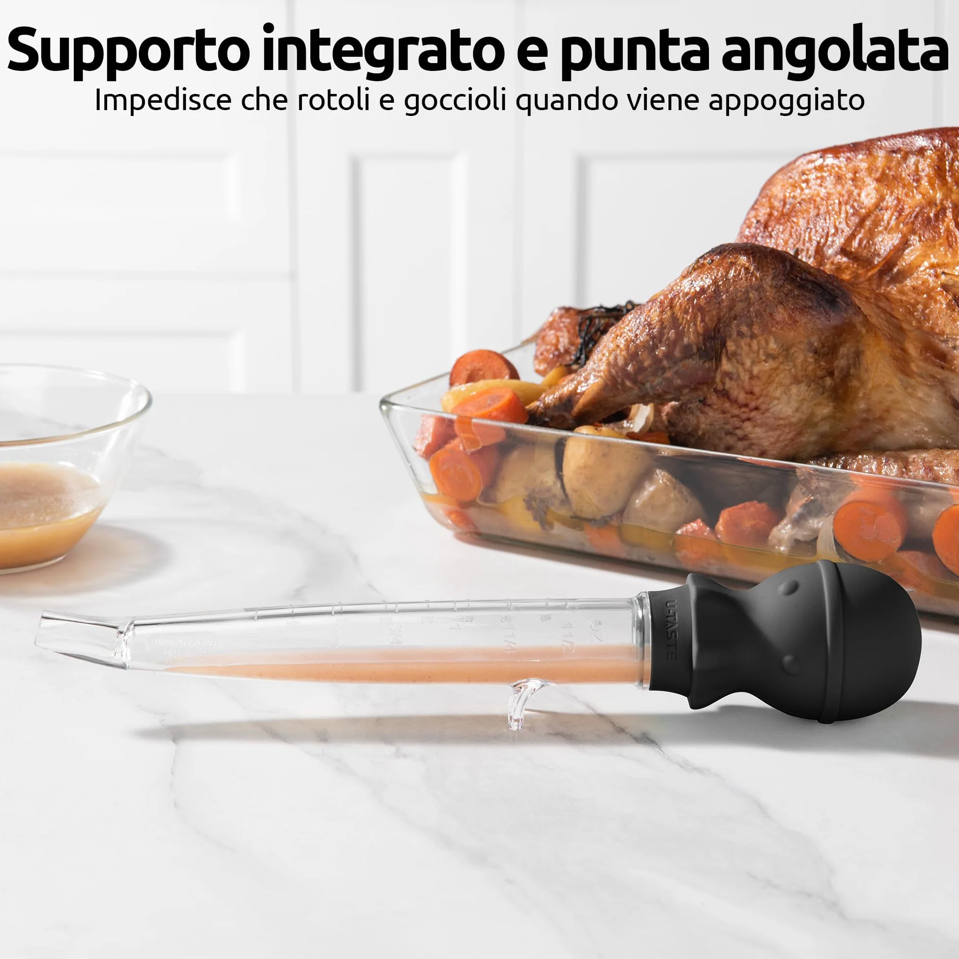 U-Taste Grande Baster per Tacchino Angolato 109℃ Resistente al Calore Pipetta per Grasso di Carne in Tritan con Bulbo di Polpo in Silicone 44 ml Nero