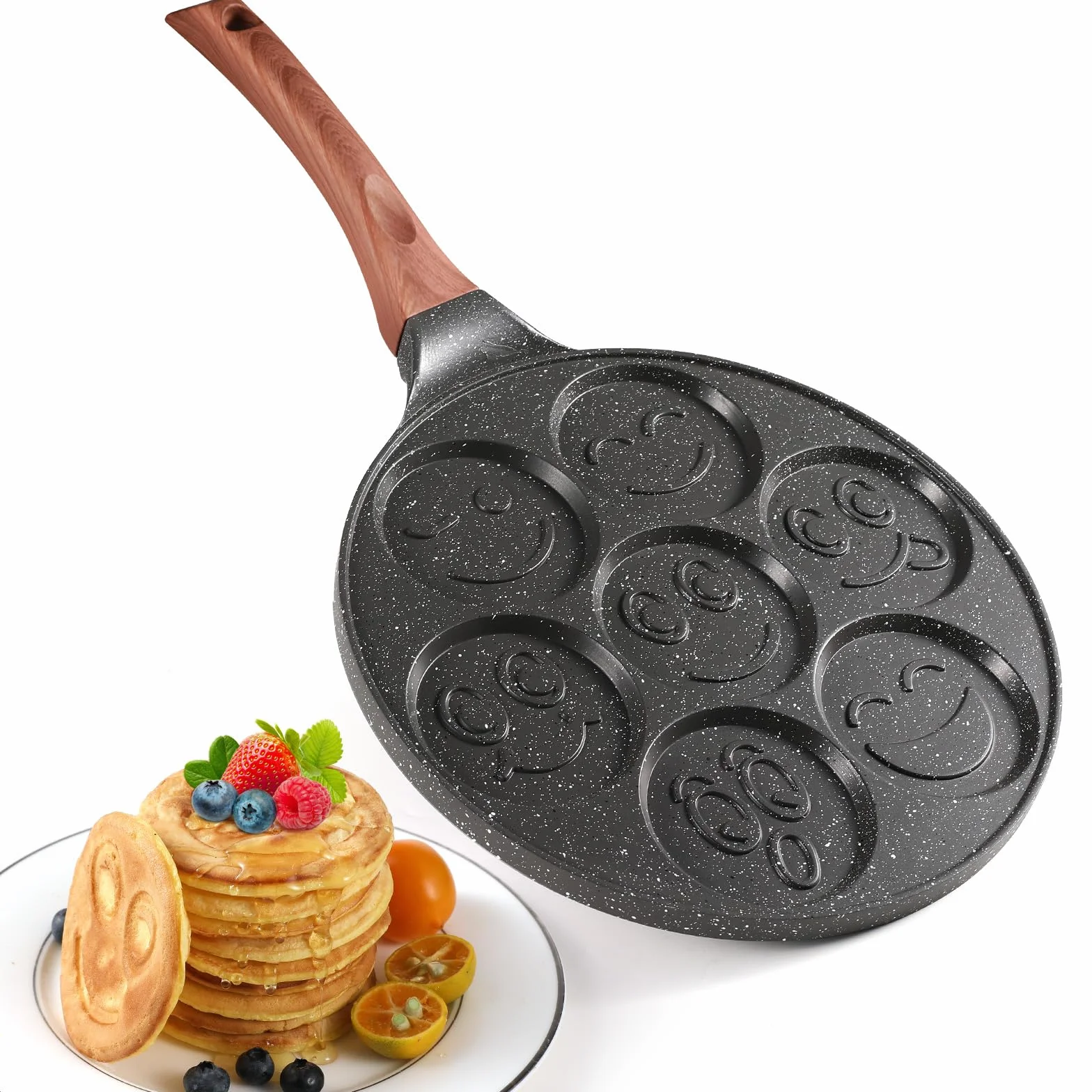 YASHE Pancake Padella per bambini con Smiley, 7 fori, in alluminio pressofuso, perfetta per la colazione dei bambini, brunch, feste e festività
