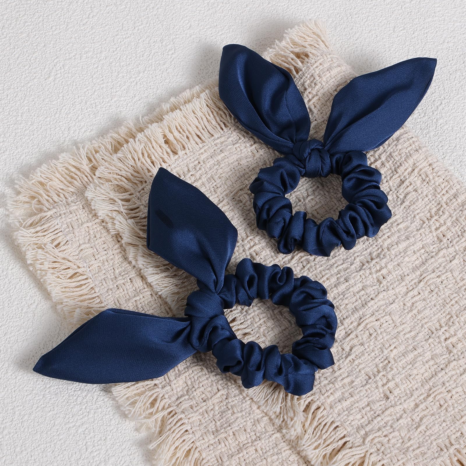 Navy Mulberry Silk Satin Bunny Ear Scrunchies