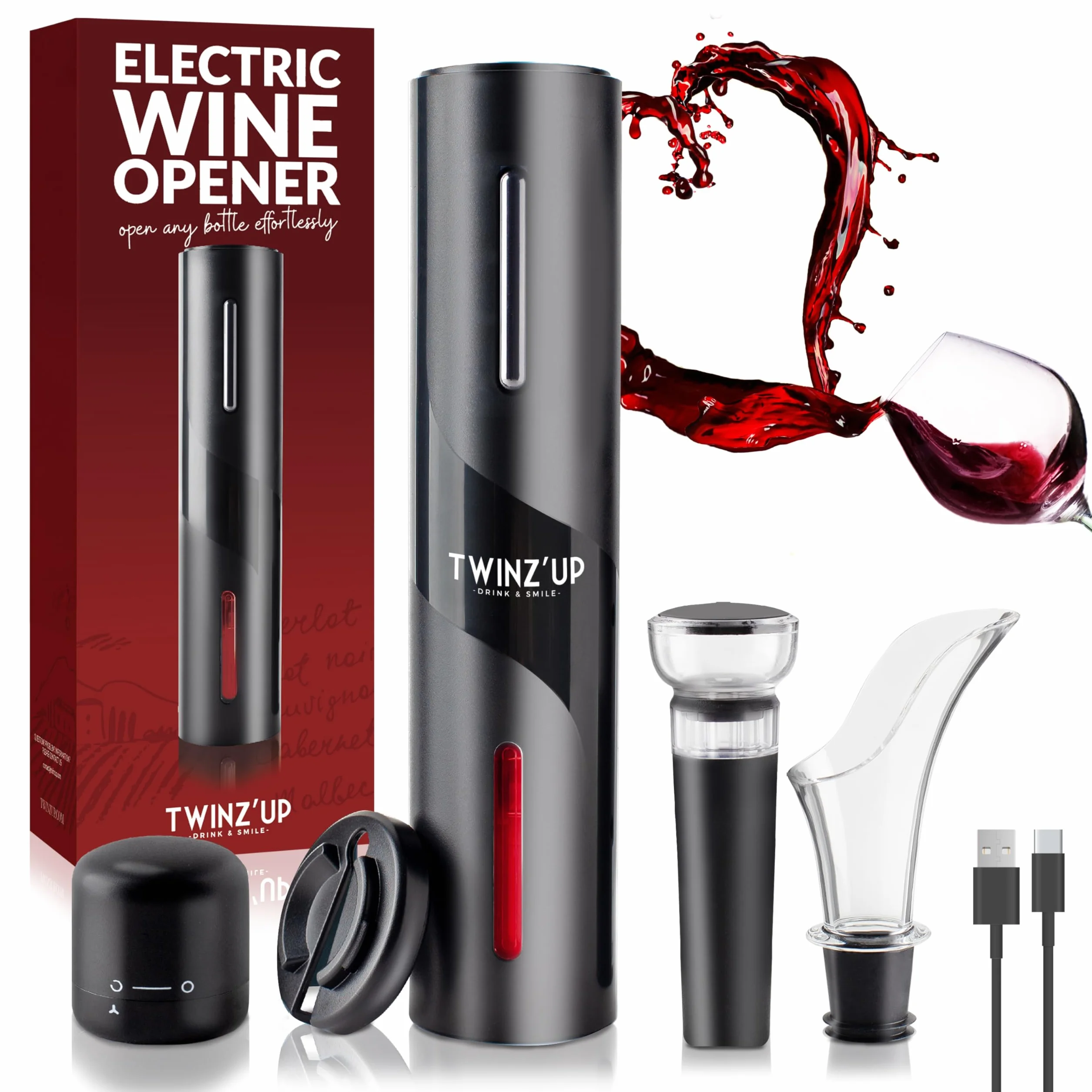 Cavatappi Elettrico Ricaricabile 6 in 1 con Cavo USB, Apribottiglie Elettrico, Taglia Capsula, Versatore