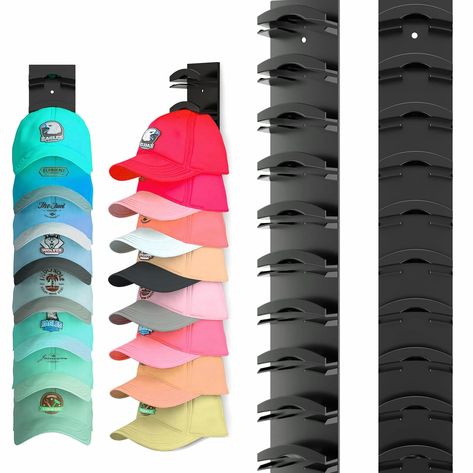 Set da 2 Portacappelli Adesivo per Parete & Porta, Organizzatore per Cappellini da Baseball Capienza 20 Cappelli - Scaffale senza Fori con Cordino Regolabile per Guardaroba