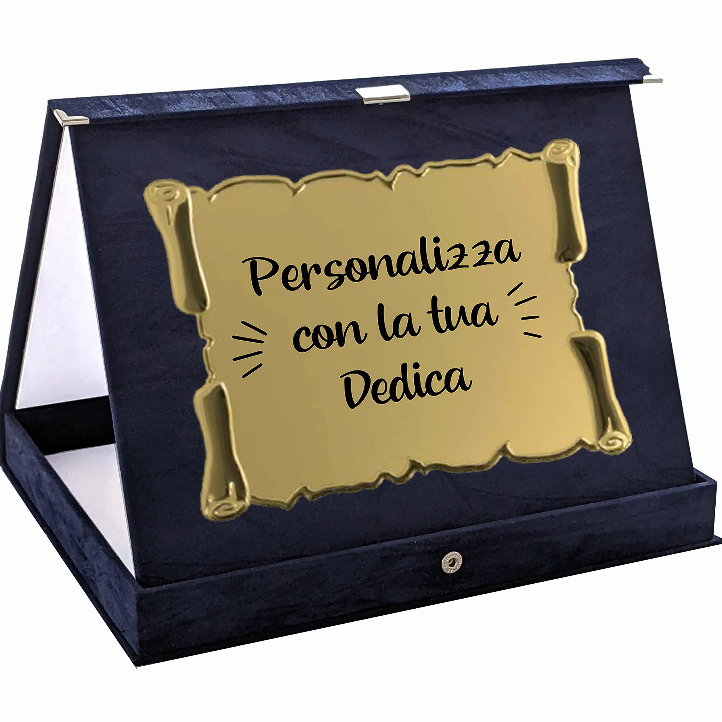 Woopers Targa Personalizzata con Astuccio in Velluto Blu o Rosso per Premio, Pensione, Laurea, Cresima, Matrimonio, Padrino o Madrina