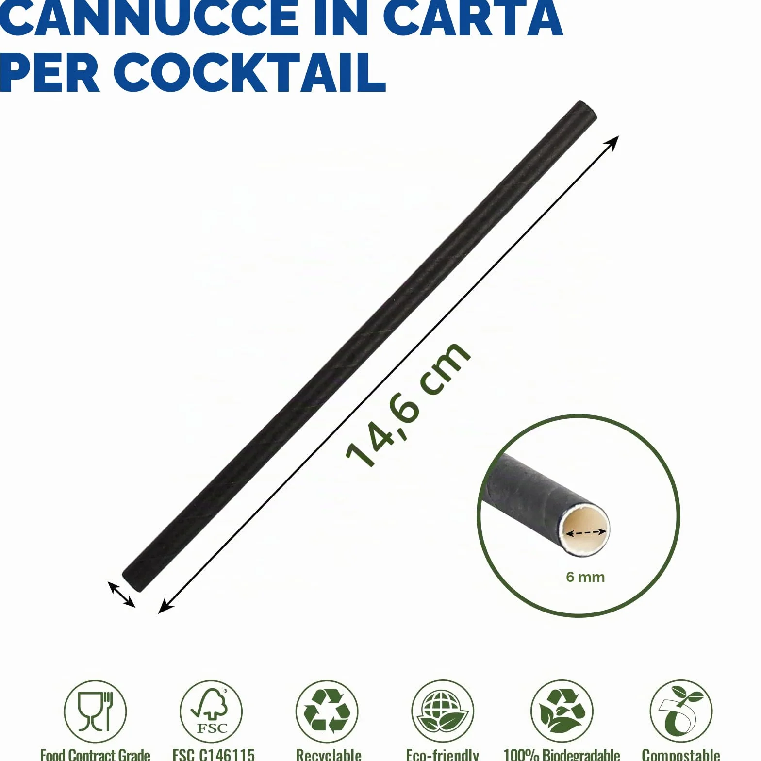 Confezione da 500 cannucce e bastoncini per cocktail ecologici in carta nera – 14,6 x 0,6 cm, per casa, bar e ristoranti