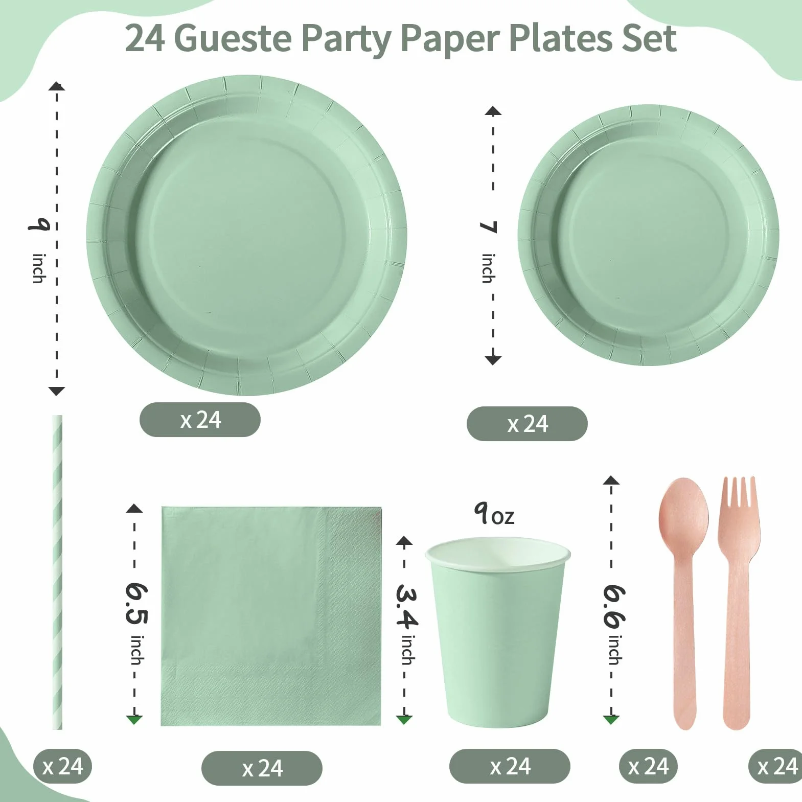 Stoviglie per Feste 169 Pezzi Verde Salvia Set Include Piatti Tazze Tovaglioli - 24 Ospiti