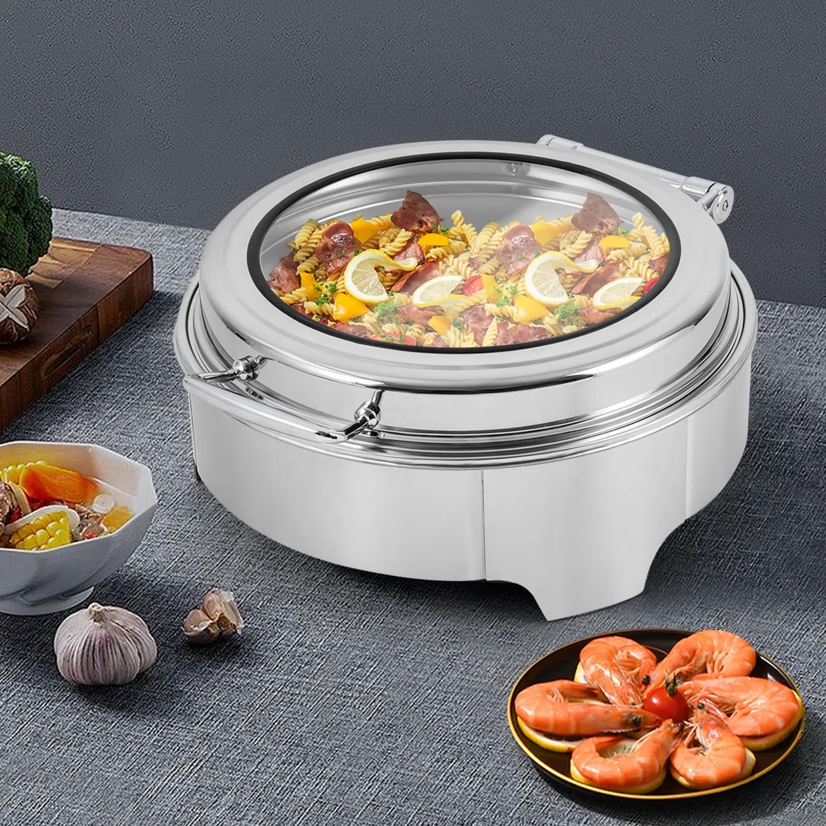 Set da buffet rotondo for scaldavivande elettrico da 400 W, 6 litri | Server for sfregamento in acciaio inossidabile for eventi di catering, ristoranti(Single)