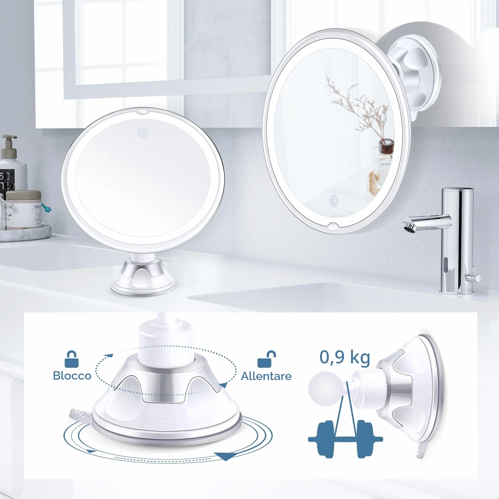 MIYADIVA Specchio Ingranditore con Luce 30X, Specchio Bagno con Ventosa, 3 Modalità di Colore e Luminosità Regolabile, specchio per bagno 20 cm