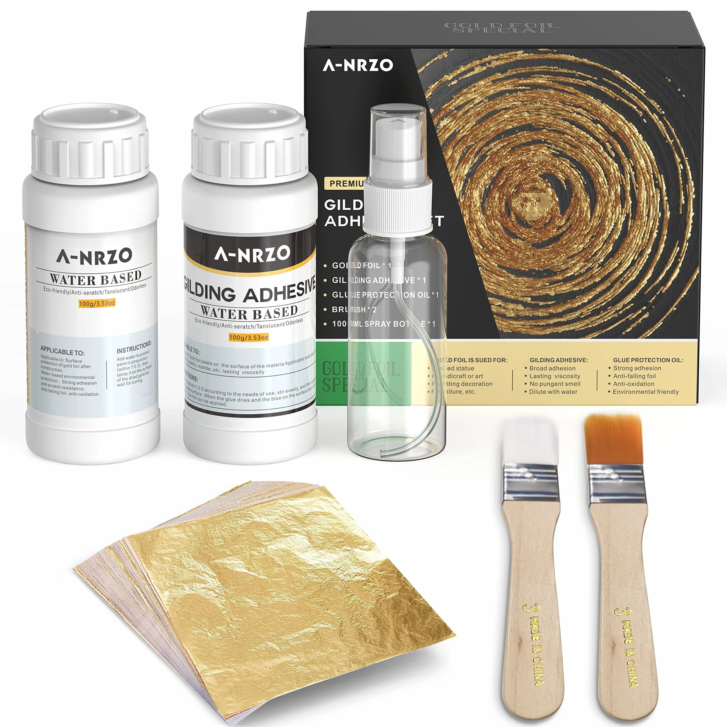 Set di Adesivi per Doratura a Foglia d'Oro 100ml, 100 Pezzi, Foglia d'Oro, Vernice Protettiva